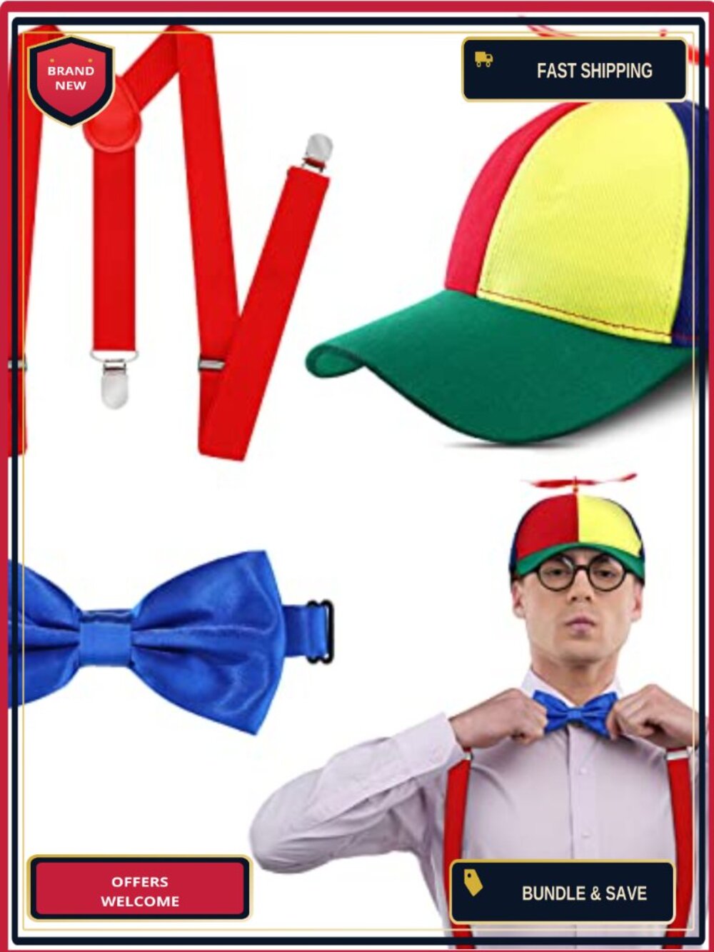 3 Pc Helicopter Hat Adult Costume Set Suspenders Bow Tie Rainbow Cap